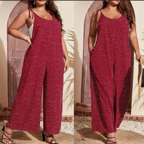 Boho Plus Polka Dot Pocket Wide leg Jumper Jumpsuit - Picture 1 of 12